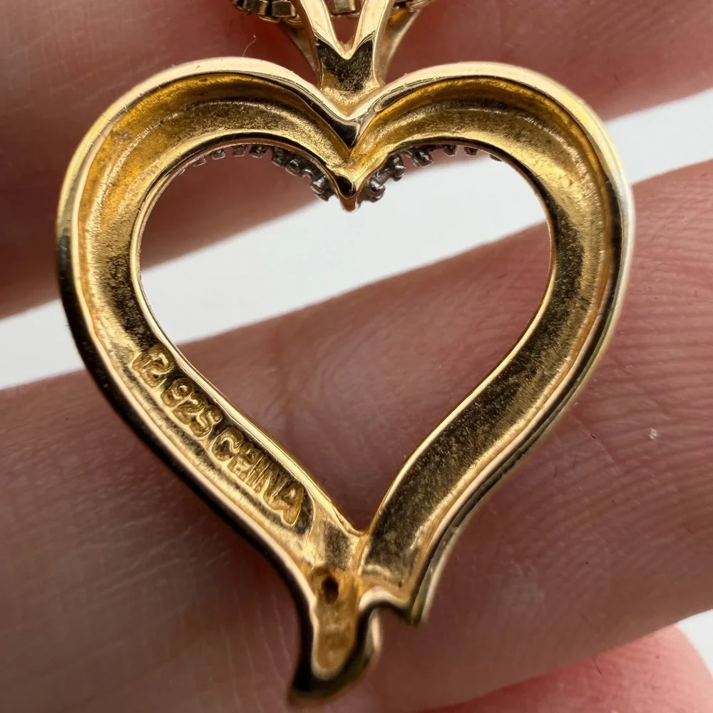 Vintage Open Heart Pendant Necklace Gold Tone Marked 925 Sterling Silver